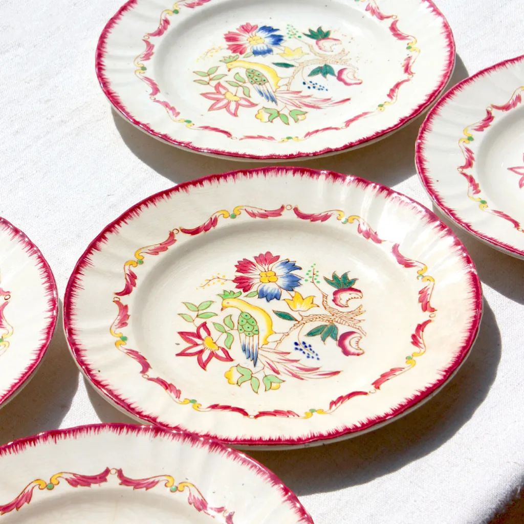 Longwy 6 Assiettes plates aux arabesques rouge amarante