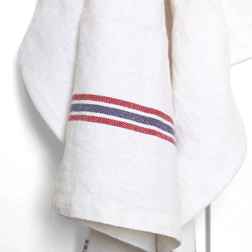 Charvet Editions Torchon blanc 100% lin avec rayures rouges et bleues